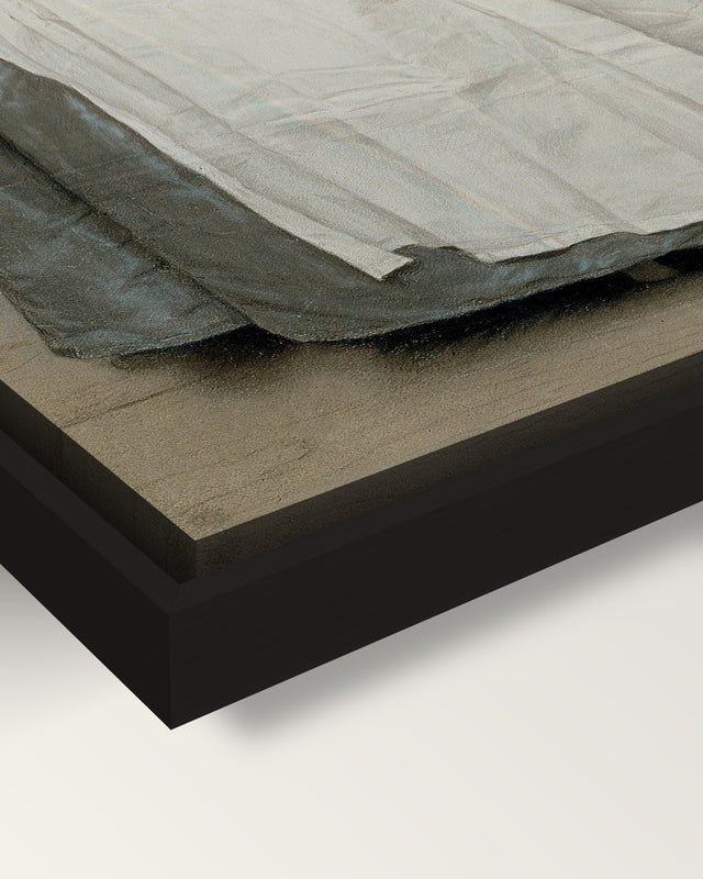 The Chocolate Girl by Liotard framed canvas, corner close-up: black floating frame, painted edge in the shadow gap