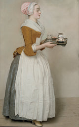 The Chocolate Girl by Liotard: a young maid in a pink cap, brown jacket and white apron carries chocolate on a tray