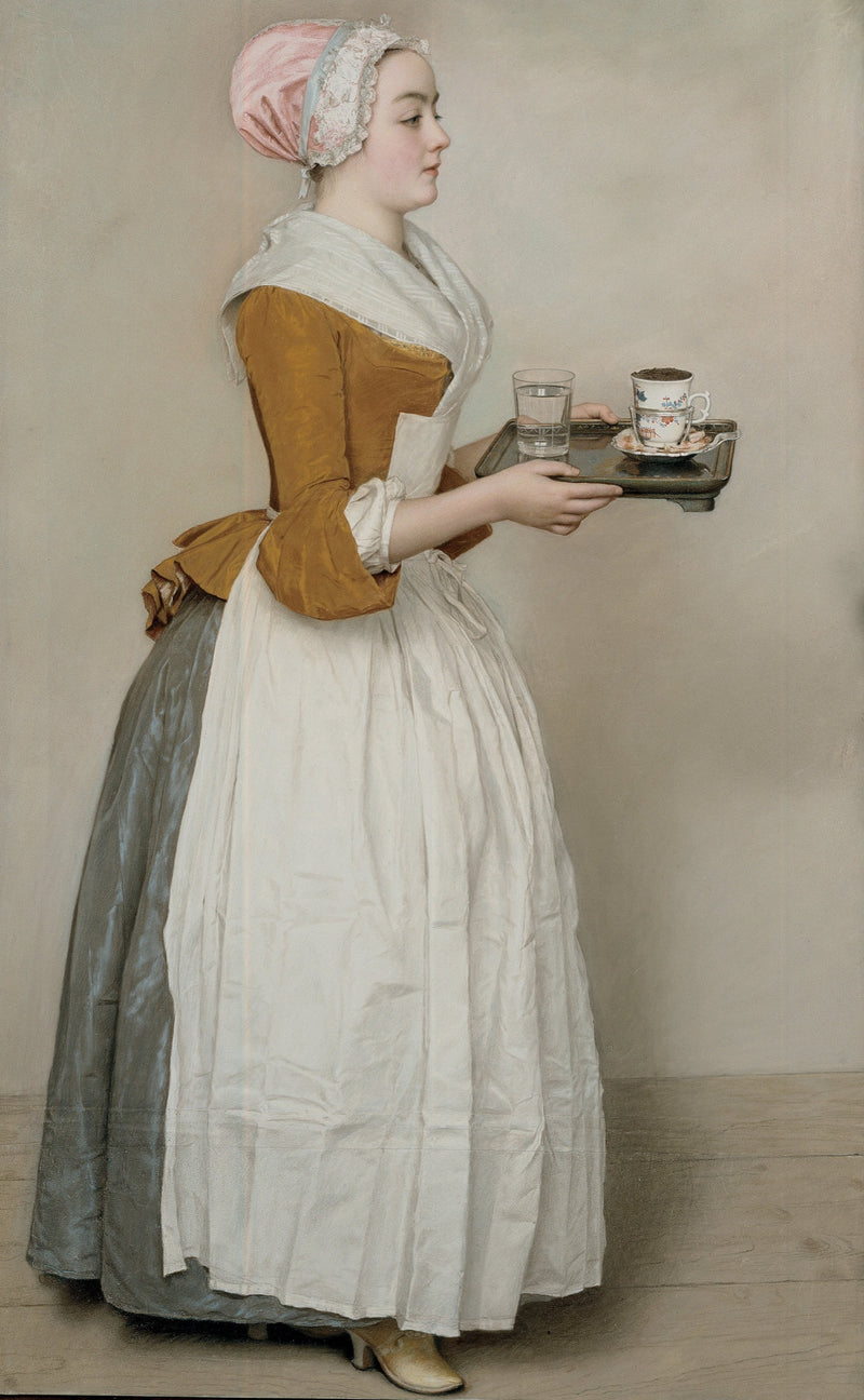 The Chocolate Girl by Liotard: a young maid in a pink cap, brown jacket and white apron carries chocolate on a tray