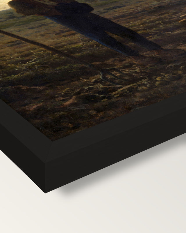 The Angelus by Jean-François Millet framed print, corner close-up: black moulding, mitred, the print set just below its edge