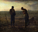 The Angelus by Millet: a man and a woman bow their heads in a field at dusk, a basket at their feet, a church steeple far off