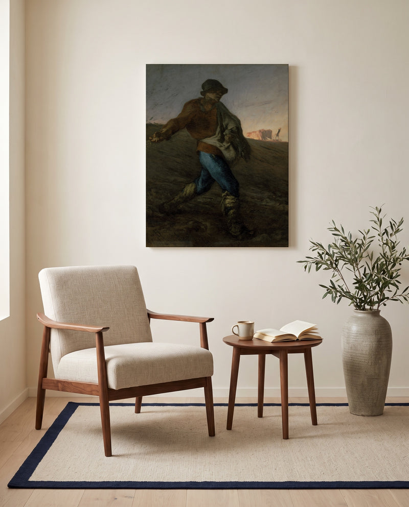 The Sower by Jean-François Millet as a stretched canvas above a linen lounge chair in a reading corner