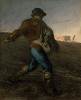 The Sower by Millet: a peasant striding down a field at dawn, flinging seed from a bag, crows in the field behind