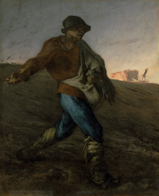 The Sower by Millet: a peasant striding down a field at dawn, flinging seed from a bag, crows in the field behind