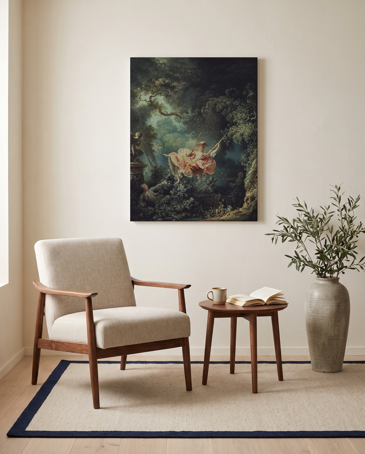 The Swing by Jean-Honoré Fragonard as a stretched canvas above a linen lounge chair in a reading corner