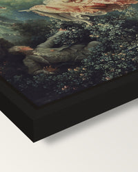 The Swing by Jean-Honoré Fragonard framed canvas, corner close-up: a black floating frame with a shadow gap round the canvas