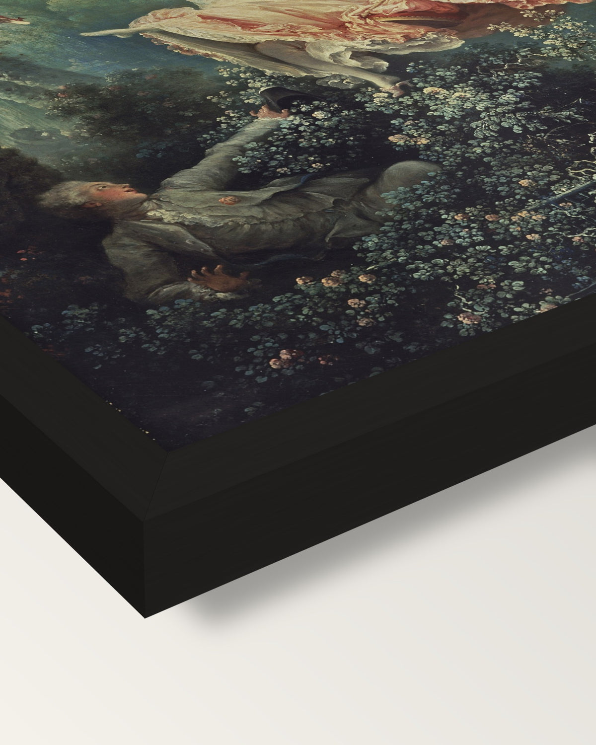 The Swing by Jean-Honoré Fragonard framed print, corner close-up: black moulding, mitred, the print set just below its edge