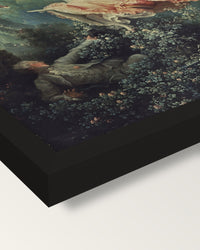 The Swing by Jean-Honoré Fragonard framed print, corner close-up: black moulding, mitred, the print set just below its edge