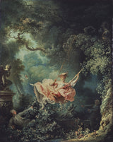 The Swing by Fragonard: a young woman in a frothy pink dress on a swing in a lush garden, her slipper flying off