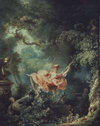The Swing by Fragonard: a young woman in a frothy pink dress on a swing in a lush garden, her slipper flying off