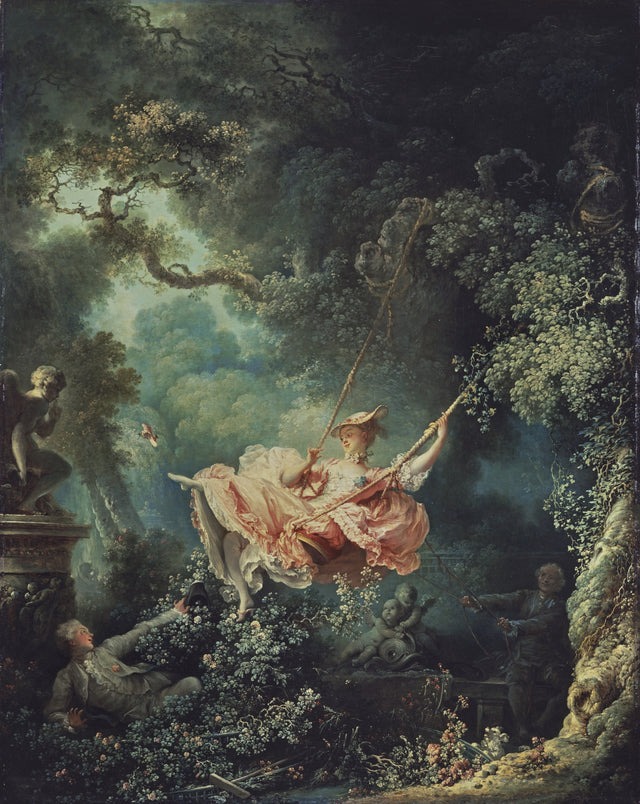 The Swing by Fragonard: a young woman in a frothy pink dress on a swing in a lush garden, her slipper flying off