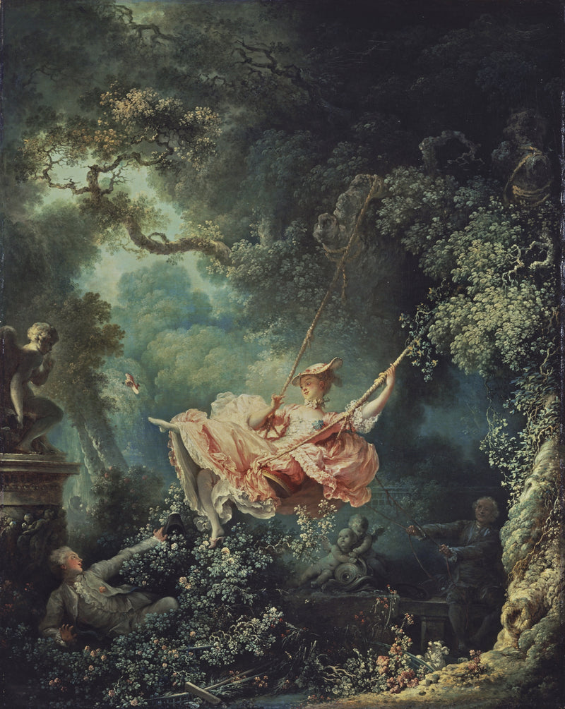 The Swing by Fragonard: a young woman in a frothy pink dress on a swing in a lush garden, her slipper flying off
