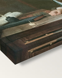 Boy with a Spinning-Top by Chardin on stretched canvas, corner close-up: the painting mirror-wrapped round the sides