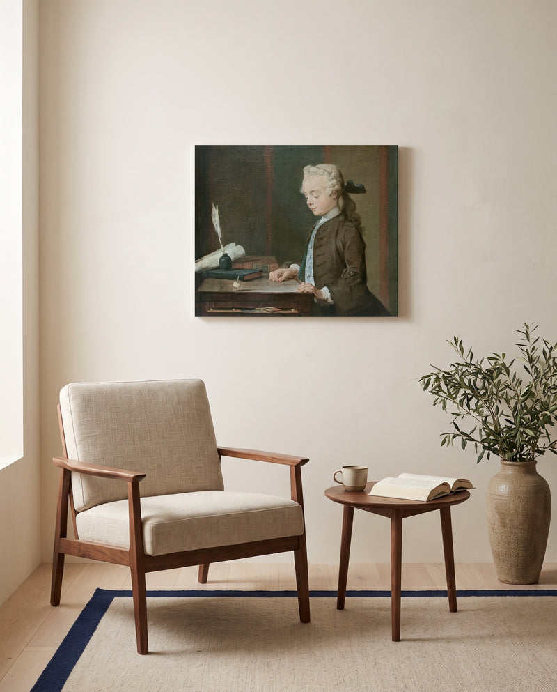 Boy with a Spinning-Top by Jean Siméon Chardin as a stretched canvas above a linen lounge chair in a reading corner