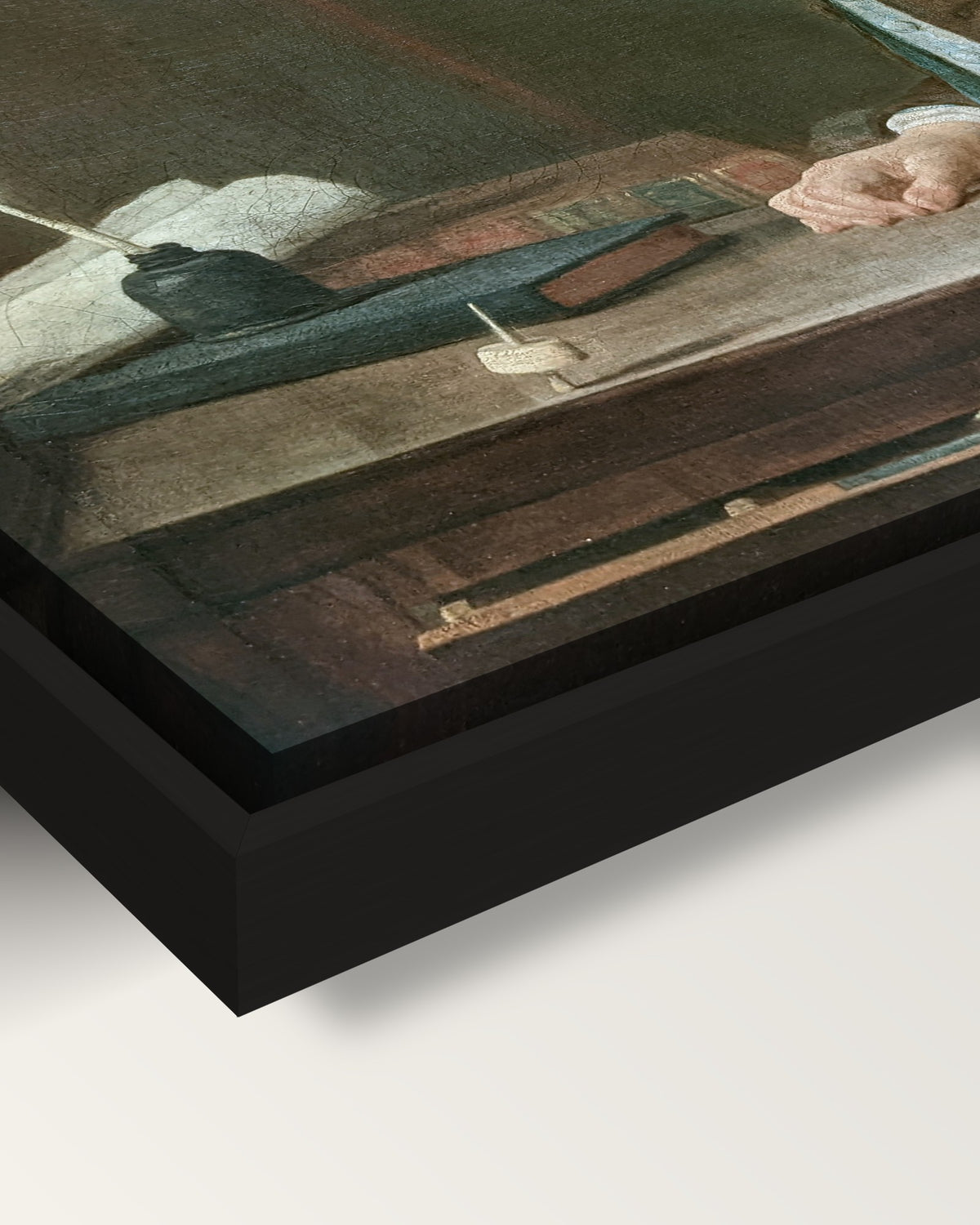 Boy with a Spinning-Top by Chardin framed canvas, corner close-up: black floating frame, painted edge in the shadow gap