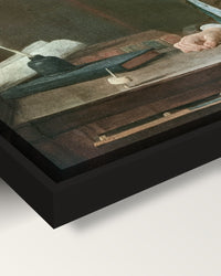 Boy with a Spinning-Top by Chardin framed canvas, corner close-up: black floating frame, painted edge in the shadow gap