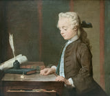 Boy with a Spinning-Top by Jean Siméon Chardin: a boy in a powdered wig watches a small top spin on a desk by his books