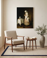 The Attentive Nurse by Jean Siméon Chardin as a stretched canvas above a linen lounge chair in a reading corner