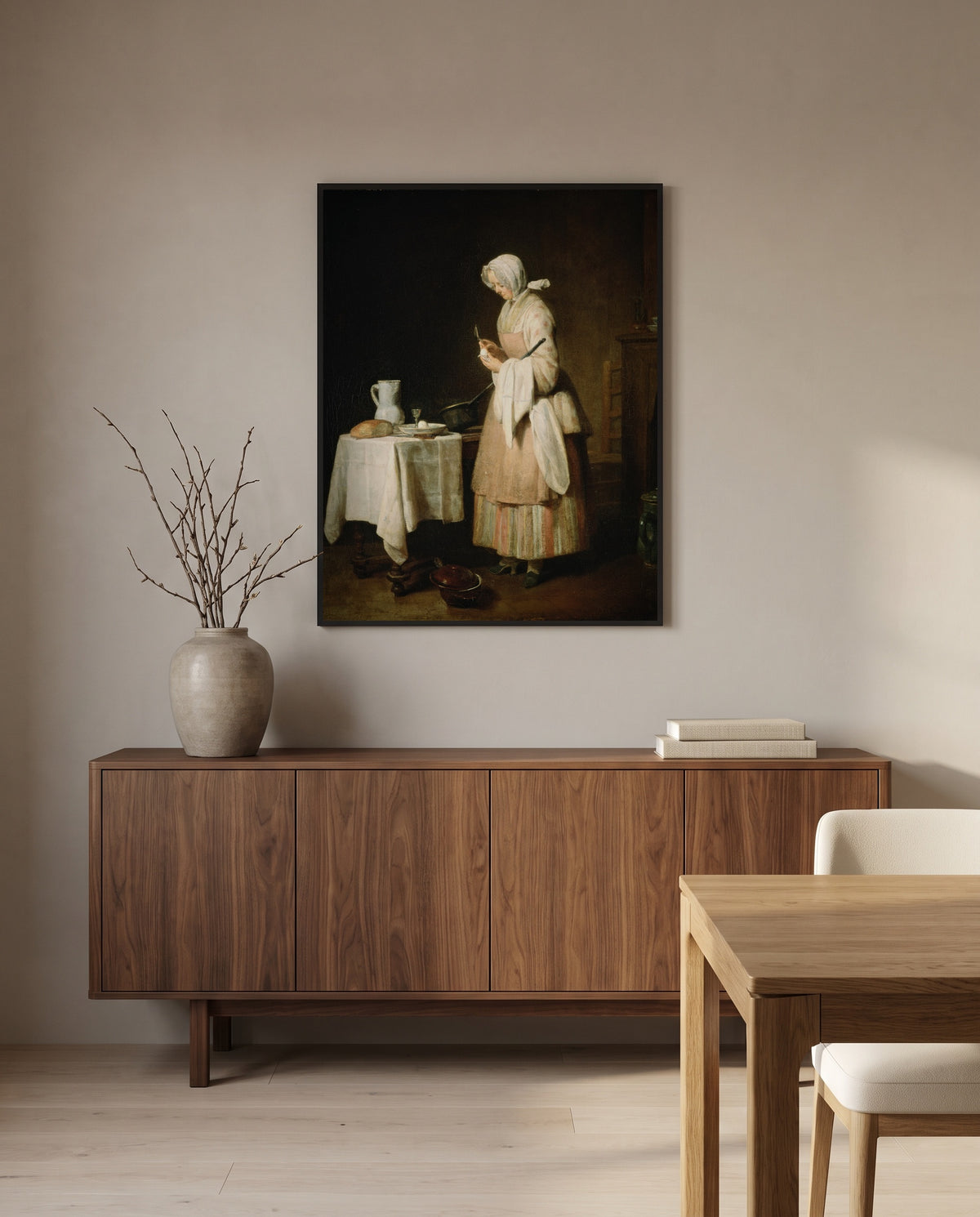 The Attentive Nurse by Jean Siméon Chardin in a black frame above a walnut sideboard in a dining room