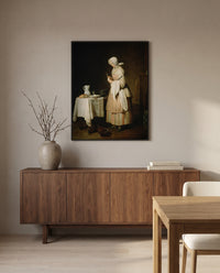 The Attentive Nurse by Jean Siméon Chardin in a black frame above a walnut sideboard in a dining room
