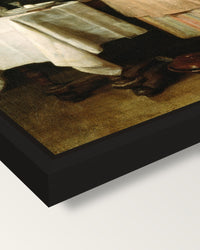 The Attentive Nurse by Chardin framed canvas, corner close-up: a black floating frame with a shadow gap round the canvas
