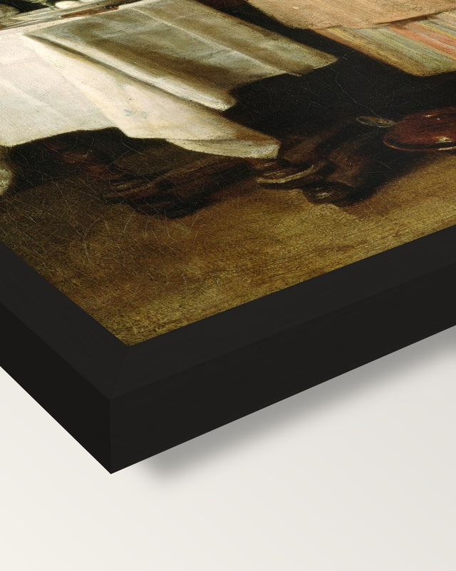 The Attentive Nurse by Chardin framed print, corner close-up: black moulding, mitred, the print set just below its edge