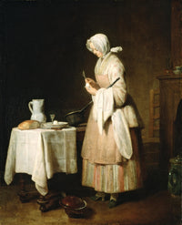 The Attentive Nurse by Chardin: a woman in a white cap and apron stands at a laid table in a dim kitchen
