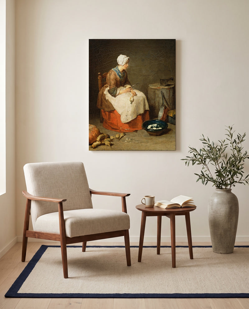 The Kitchen Maid by Jean Siméon Chardin as a stretched canvas above a linen lounge chair in a reading corner
