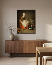 The Kitchen Maid by Jean Siméon Chardin in a black frame above a walnut sideboard in a dining room