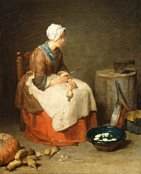 The Kitchen Maid by Chardin: a young woman on a low chair pauses from peeling turnips, pots and vegetables at her feet