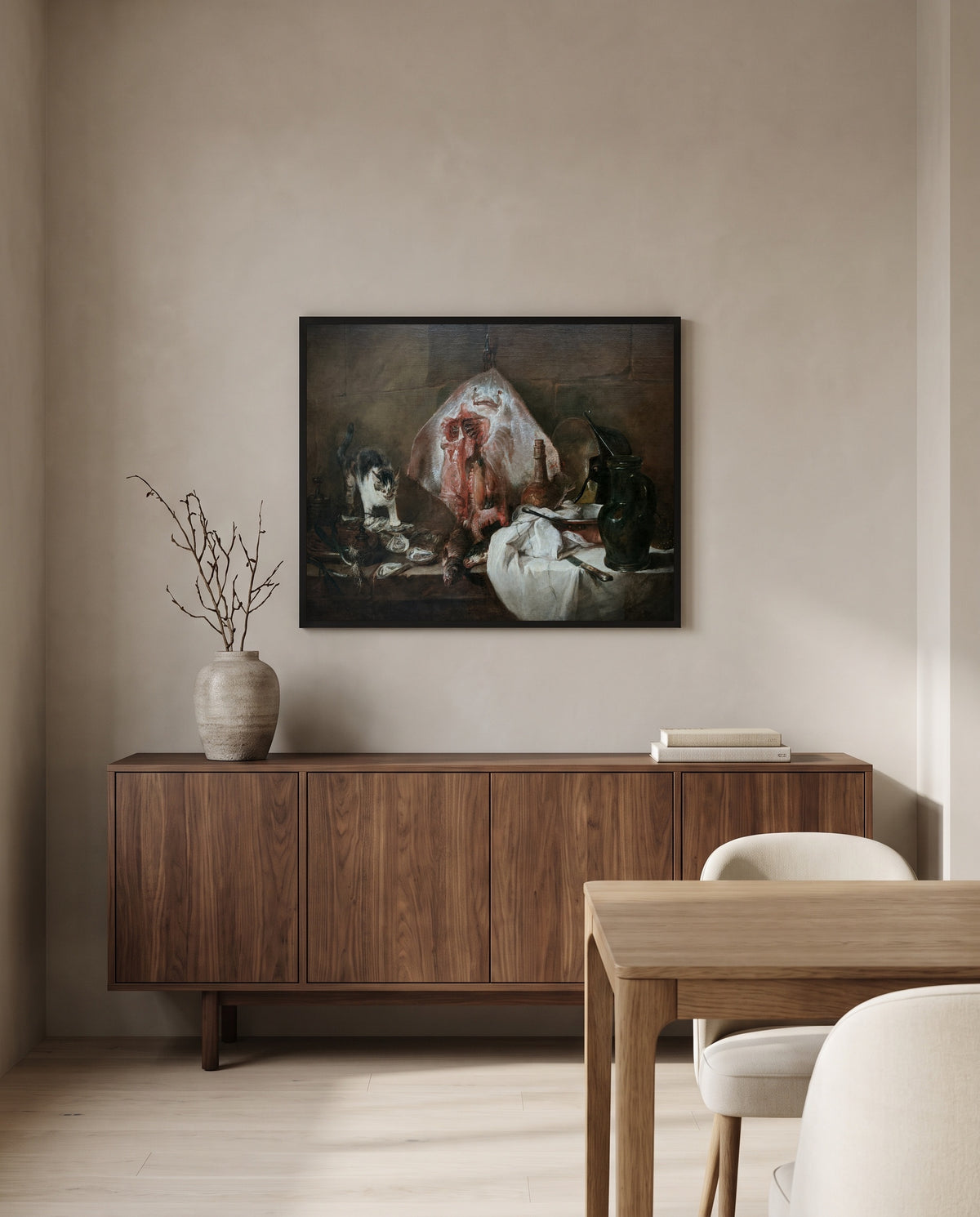 The Ray by Jean Siméon Chardin in a black frame above a walnut sideboard in a dining room