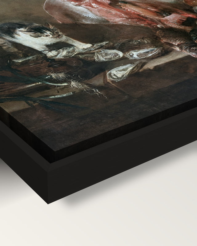The Ray framed canvas, corner close-up: the canvas in a slim black floating frame, its painted edge in the shadow gap