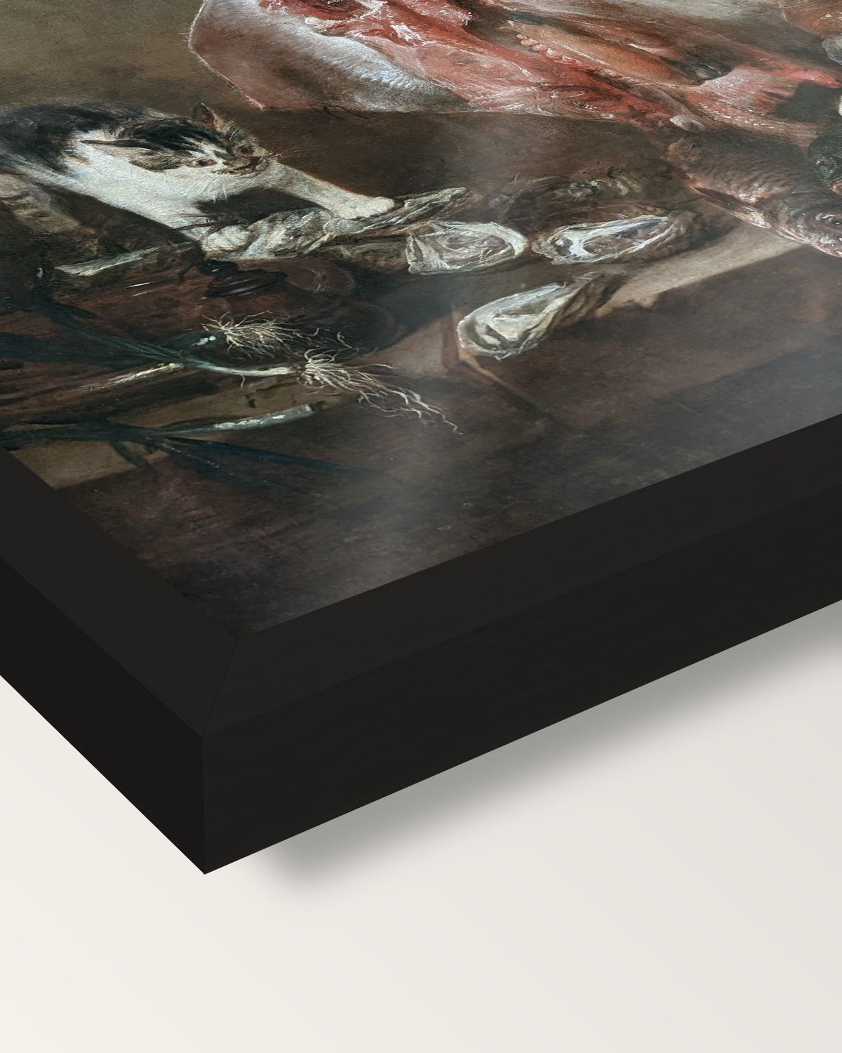The Ray by Jean Siméon Chardin framed print, corner close-up: black moulding, edge to edge under plexiglass, no mat