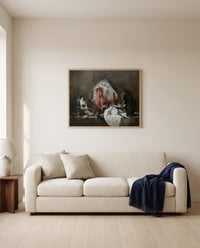 The Ray by Jean Siméon Chardin framed in natural oak above a cream sofa in a warm living room
