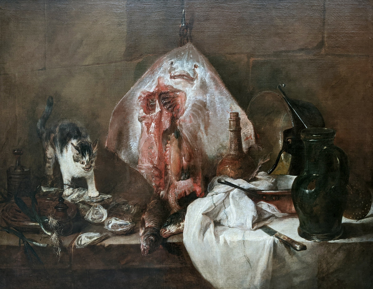 The Ray by Jean Siméon Chardin: a hanging skate above a kitchen ledge, a cat creeping over oysters at left, a jug at right