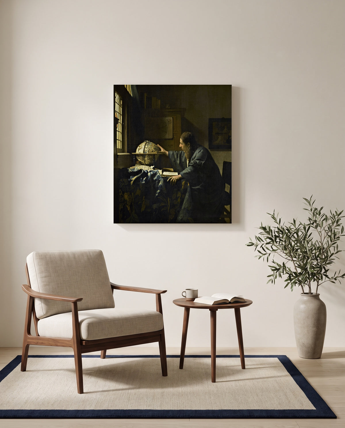 The Astronomer by Johannes Vermeer as a stretched canvas above a linen lounge chair in a reading corner