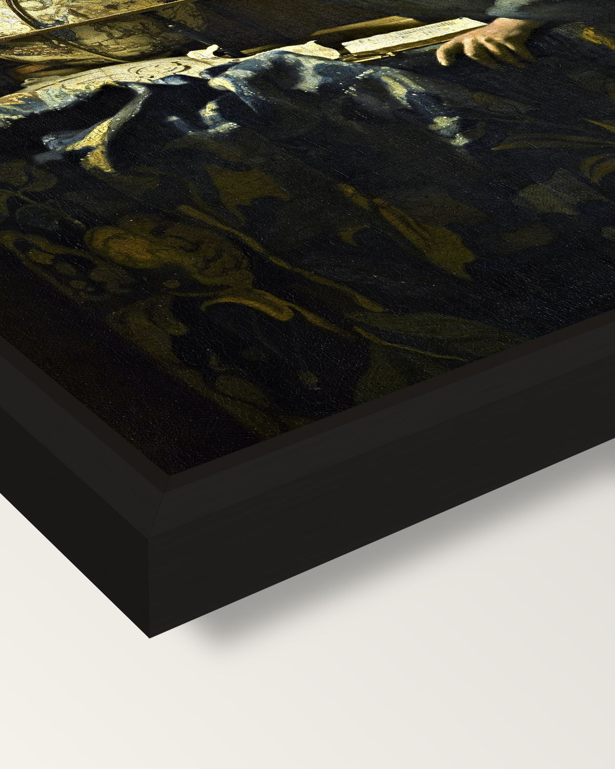The Astronomer by Johannes Vermeer framed canvas, corner close-up: a black floating frame with a shadow gap round the canvas
