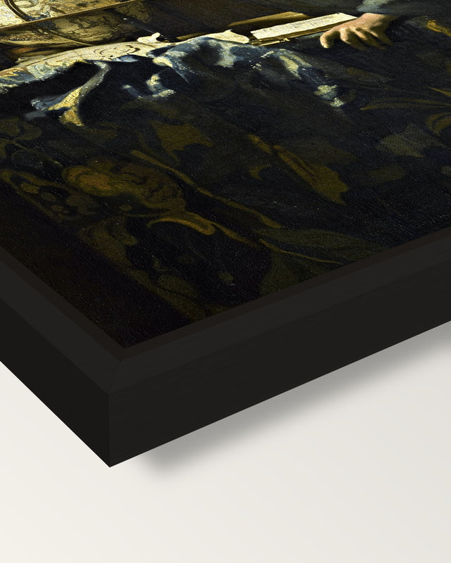The Astronomer by Johannes Vermeer framed canvas, corner close-up: a black floating frame with a shadow gap round the canvas