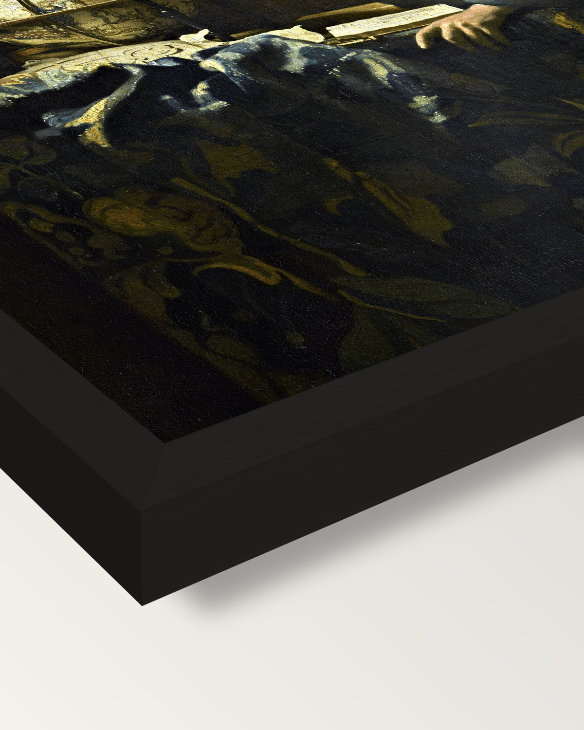 The Astronomer by Johannes Vermeer framed print, corner close-up: black moulding, mitred, the print set just below its edge