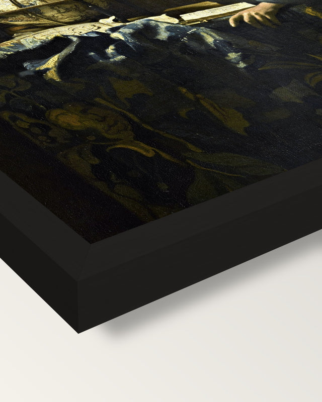 The Astronomer by Johannes Vermeer framed print, corner close-up: black moulding, mitred, the print set just below its edge