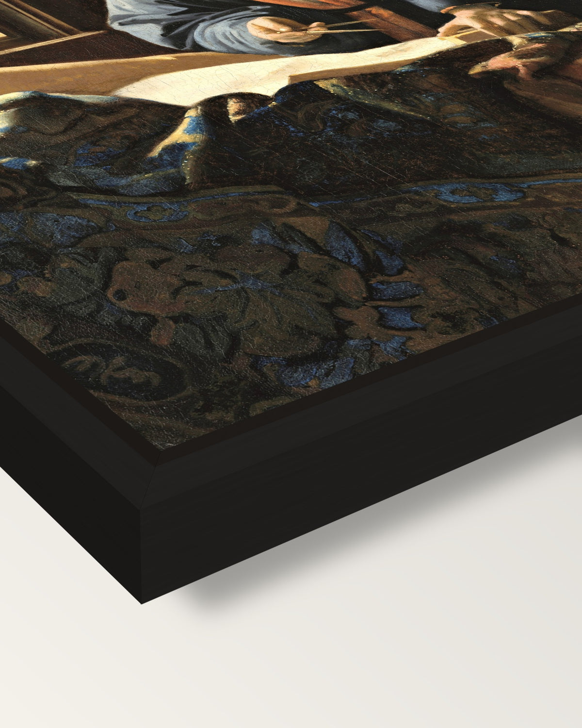 The Geographer by Johannes Vermeer framed canvas, corner close-up: a black floating frame with a shadow gap round the canvas