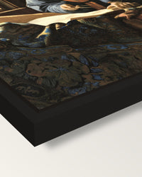 The Geographer by Johannes Vermeer framed canvas, corner close-up: a black floating frame with a shadow gap round the canvas