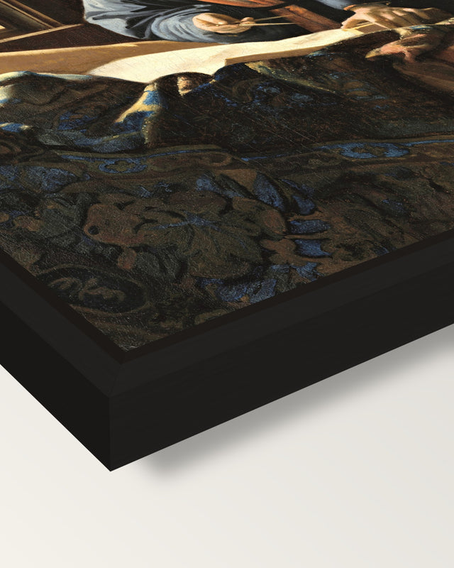 The Geographer by Johannes Vermeer framed canvas, corner close-up: a black floating frame with a shadow gap round the canvas