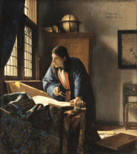 The Geographer by Johannes Vermeer: a young man in a blue robe at a table of maps, dividers in hand, looking to the window