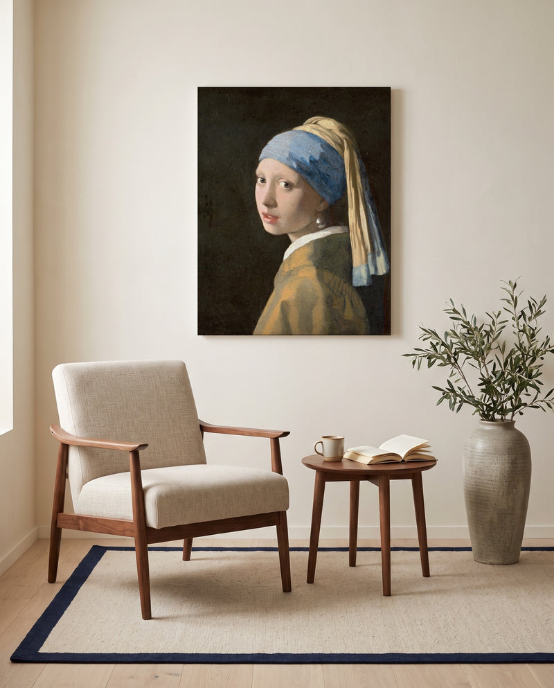 Girl with a Pearl Earring by Johannes Vermeer as a stretched canvas above a linen lounge chair in a reading corner