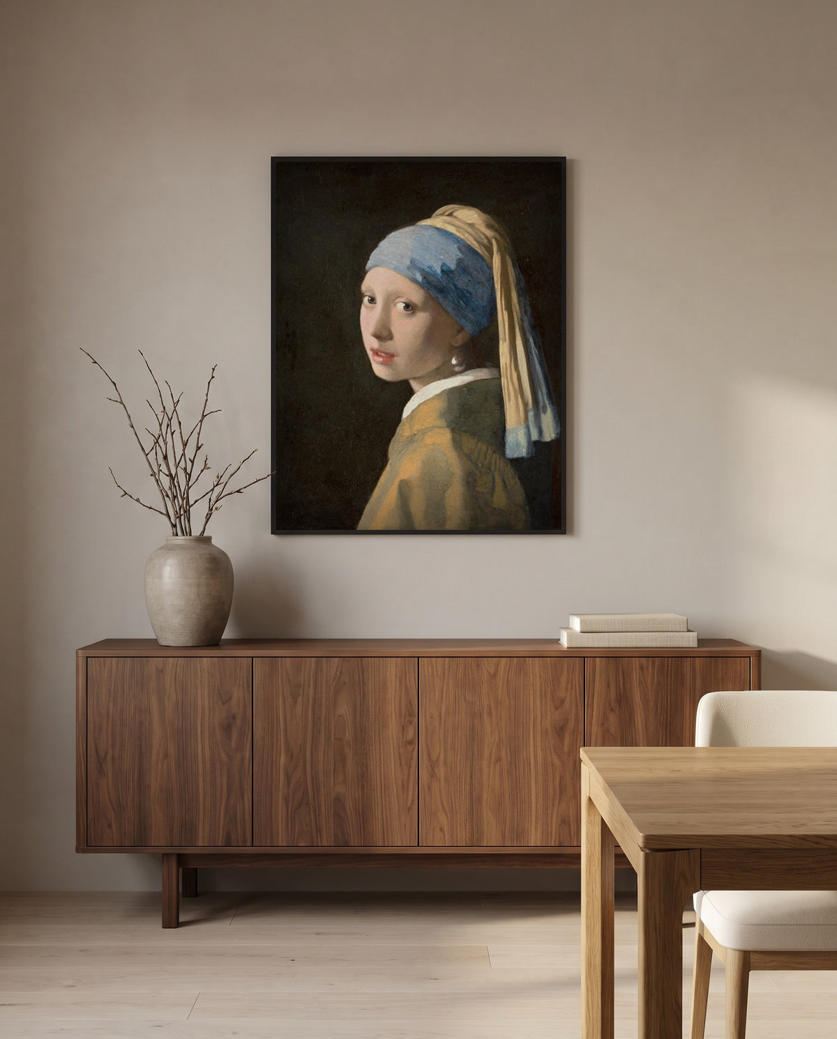 Girl with a Pearl Earring by Johannes Vermeer in a black frame above a walnut sideboard in a dining room