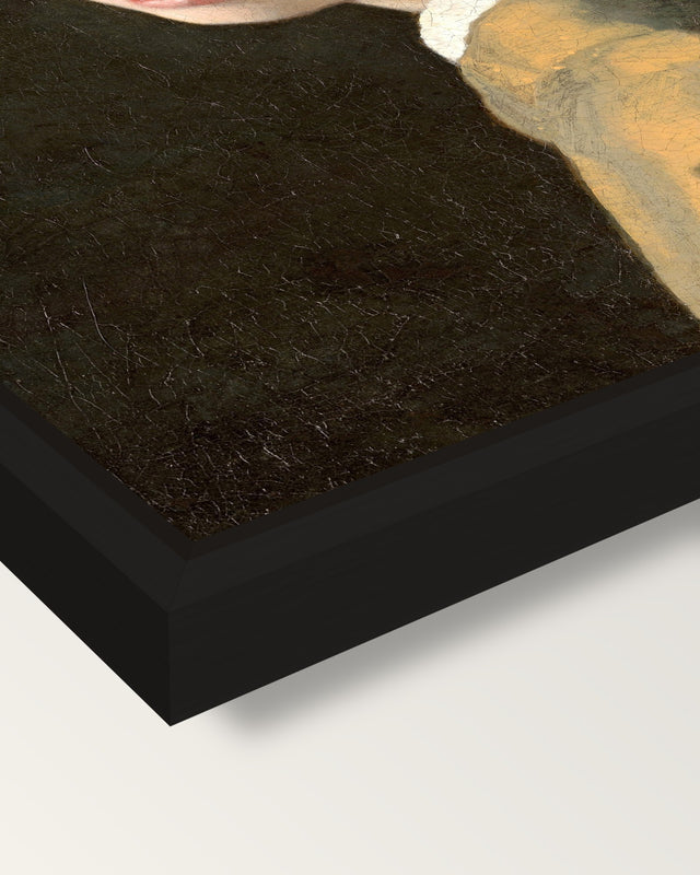 Girl with a Pearl Earring framed canvas, corner close-up: a black floating frame with a shadow gap round the canvas