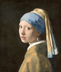 Girl with a Pearl Earring by Johannes Vermeer: a girl in a blue and yellow turban looking over her shoulder, pearl earring