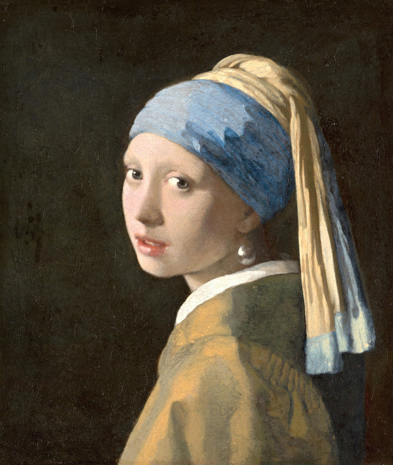 Girl with a Pearl Earring by Johannes Vermeer: a girl in a blue and yellow turban looking over her shoulder, pearl earring