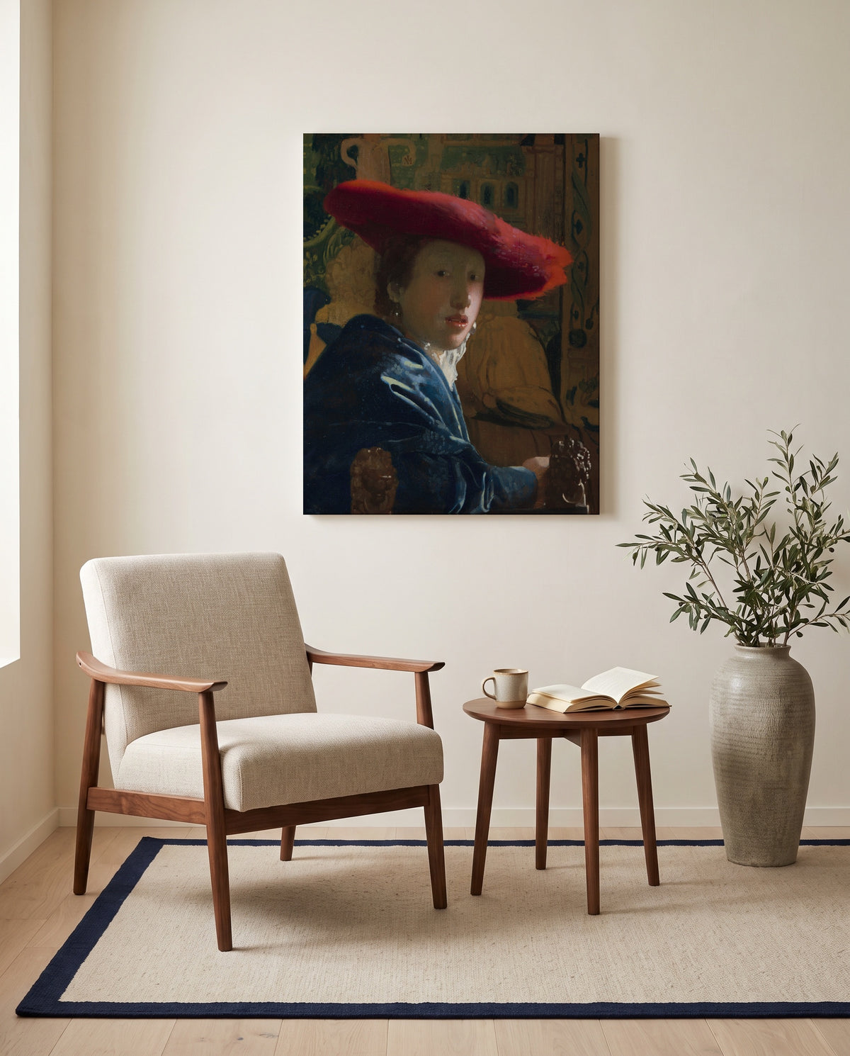 Girl with a Red Hat by Johannes Vermeer as a stretched canvas above a linen lounge chair in a reading corner